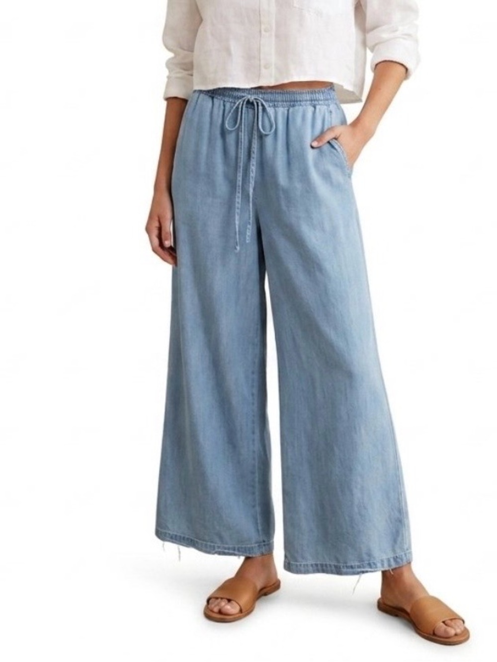 Sadie & Sage Light Blue Chambray Wide Leg Tencel Pants Drawstring Waist S AH1717